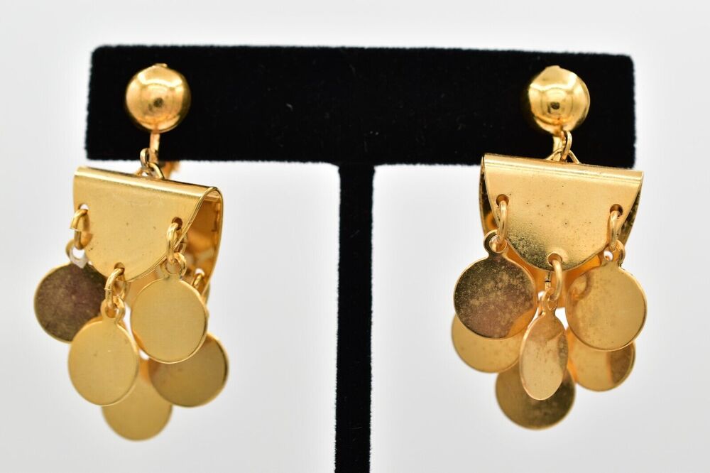 Vintage Coin Shaker Clip On Earrings Dangle Gold Lightweight Metal 1990s BinBB